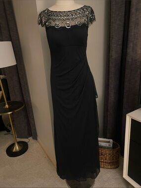 Elegant Navy Blue Evening Gown with Beaded Illusion Yoke